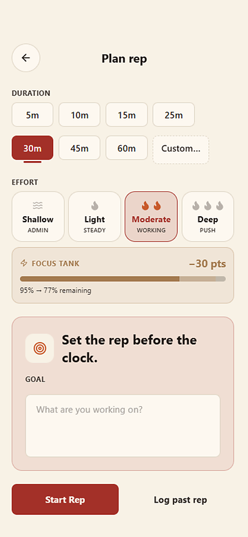 Tempo plan rep screen with goal, duration, intensity, and expected escape route.