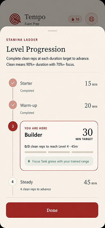Tempo level progression sheet showing current range, next target, and clean rep rules.
